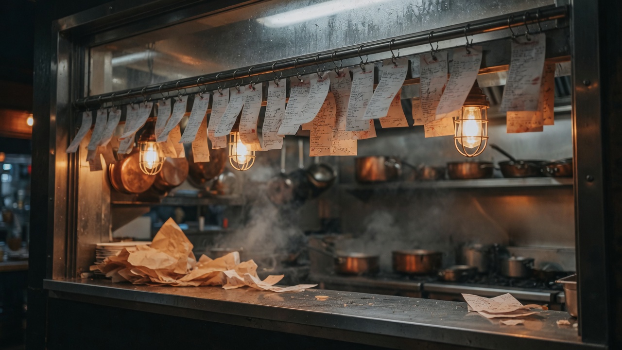 Kitchen pass window with tickets hanging on a steel rail over copper pots and steam